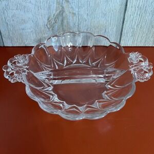 Vintage Clear Pressed Glass Divided Relish Dish Scalloped Scroll Handles 8 Inch